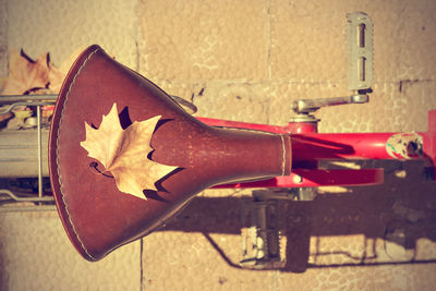 Close-up of bicycle on wall