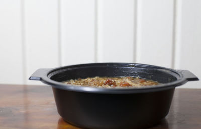 Close-up of soup in bowl on table