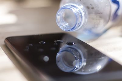 High angle view of drinking glass on table