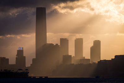 Modern buildings in city against sky during sunset