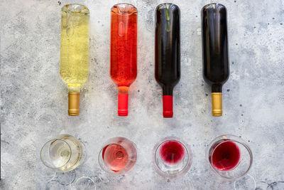 High angle view of bottles on table