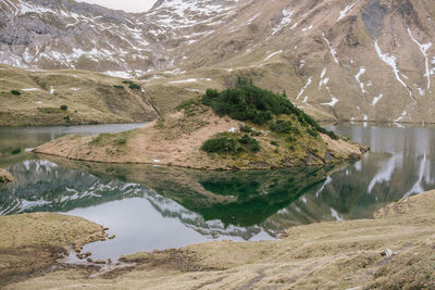 Scenic view of lake and mountains during winter