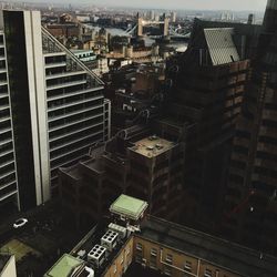 High angle view of modern buildings in city