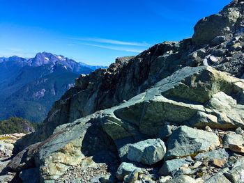Scenic view of mountains against clear blue sky