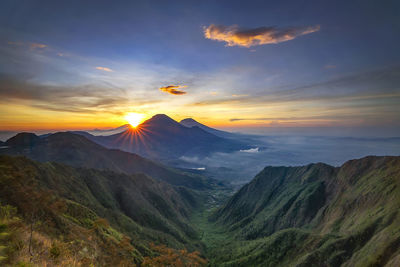 Scenic view of mountains against sky during sunset