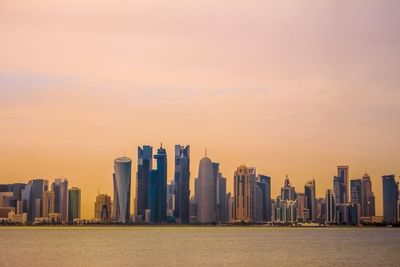 Skyscrapers in city at sunset