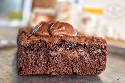 Close-up of chocolate cake on table