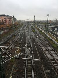 Far view of railroad tracks in city against sky