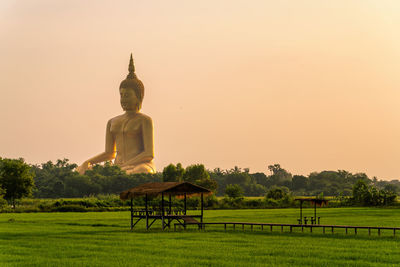 Statue on field against sky during sunset