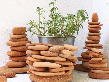Potted plant amidst stacks of stones against white wall