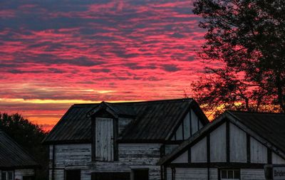 Houses and trees against orange sky
