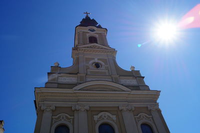 Low angle view of building against blue sky