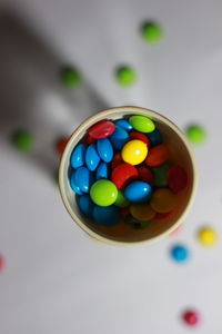 High angle view of multi colored balls on table