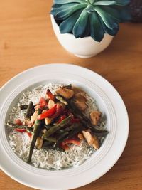 High angle view of food in plate on table