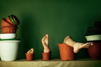 Human legs in a flower pots