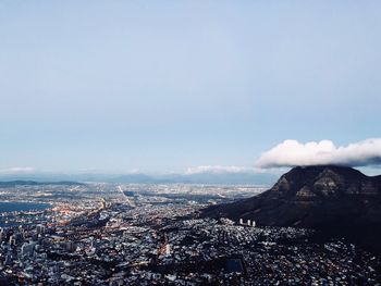 Aerial view of buildings in city against sky