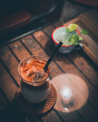 High angle view of coffee on table