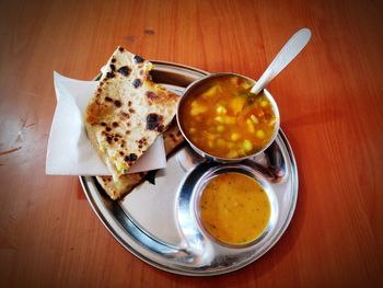 High angle view of breakfast served on table