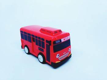 Close-up of toy car against white background