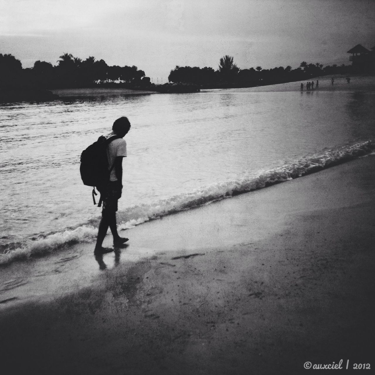 water, beach, full length, lifestyles, sea, leisure activity, shore, walking, rear view, sand, standing, men, sky, silhouette, casual clothing, sunlight, nature, outdoors