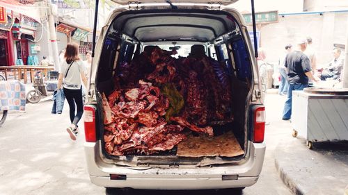 Stack of meat in vehicle