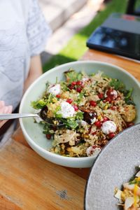 High angle view of food in plate on table