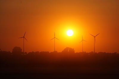 Silhouette of wind turbines during sunset