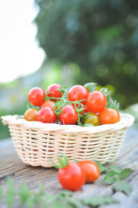 Close-up of cherry tomatoes in wicker basket on table