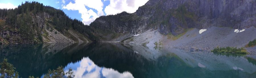 Panoramic view of river and mountains against sky