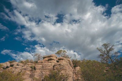 Low angle view of rock formation against sky