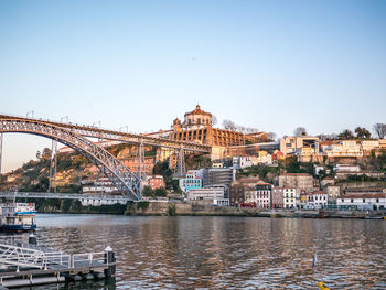 Bridge over river with buildings in background