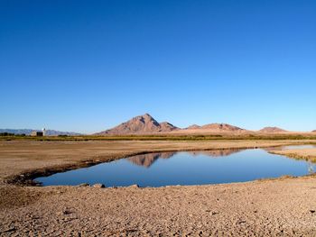 Pond with mountains in background against clear blue sky