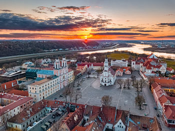 High angle view of townscape against sky during sunset