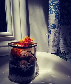 Close-up of flowers in vase on window sill