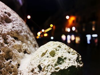 Close-up of illuminated rock at night