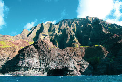 Scenic view of rock formation in sea against sky