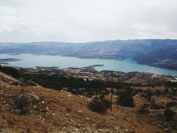 Scenic view of lake against cloudy sky