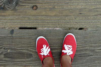 Low section of person standing on wooden plank