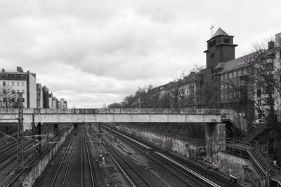 Railroad tracks amidst buildings in city against sky