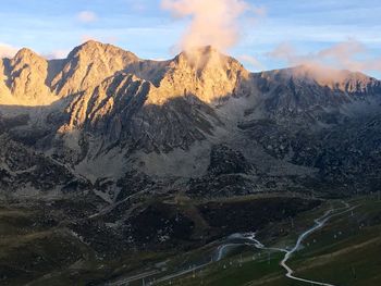 Panoramic view of volcanic mountain range against sky