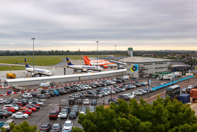 High angle view of traffic on road against sky