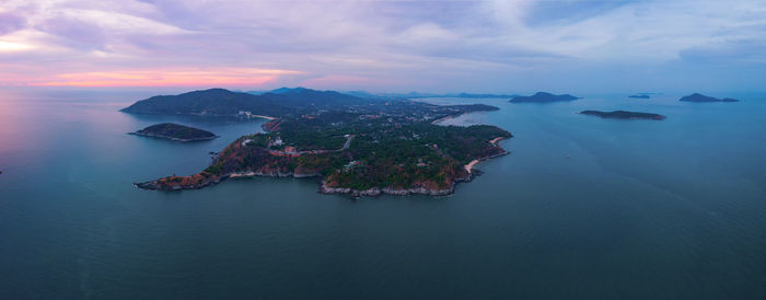 High angle view of sea against sky during sunset