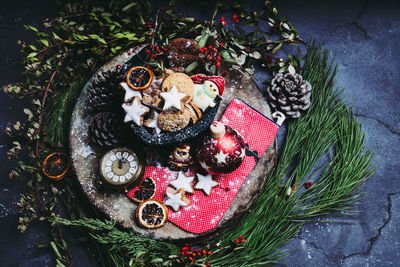 High angle view of christmas decorations on table