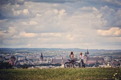 Bicycles relaxing on grassy field