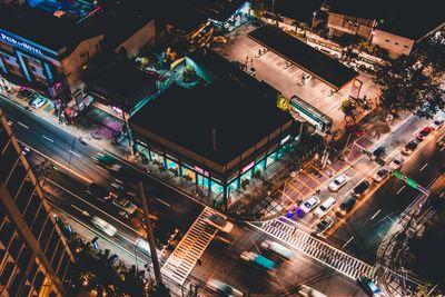 High angle view of city street at night