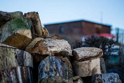 Stack of rocks against clear sky