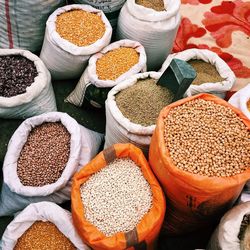 High angle view of various vegetables for sale at market stall