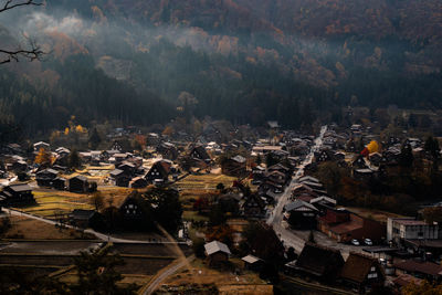 High angle view of illuminated trees in city