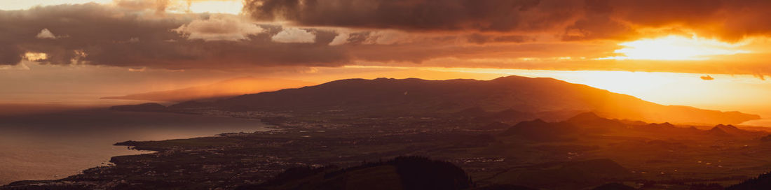 Amazing sunrise, view over the island, azores travel destination, portugal, atlantic ocean.