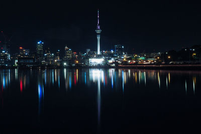Reflection of illuminated buildings in city at night